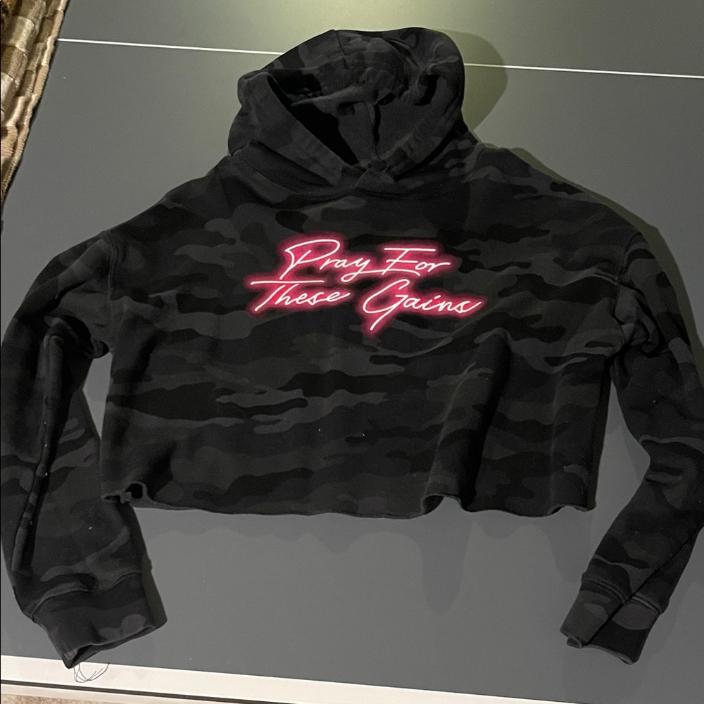 Cropped Black Camo Hoodie with Pink Script